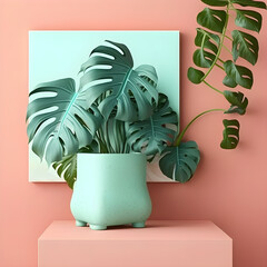 Monstera deliciousa in pot aesthetic decor. Pastel wall background. Front view place for text, copy space, empty space. Generative AI