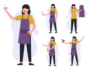 Obraz premium Set of female hairdresser in cartoon charaction collection vector