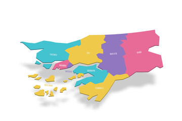 Guinea-Bissau political map of administrative divisions - regions and autonomous sector of Bissau. 3D colorful vector map with name labels.
