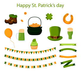 Vector Patrick's Day collection. Set of Irish flags, beer mugs, clover, leprechaun green hat, pot of gold coins, horseshoe, cake, ribbons. Cartoon flat style icon isolated on white background.