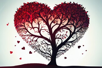 Heart tree. Red heart shaped tree. Valentine background. Love. Valentines day illustration. Generative AI