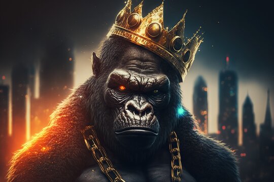 Gorilla,Ape king with gold crown  ,new you york city on the background ,cyberpunk colored light around ,Generative AI

