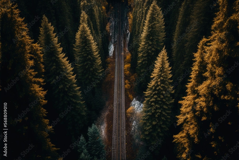 Aufkleber trees and railroad tracks in a vertical shot generative ai