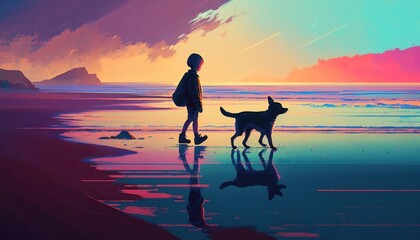 illustration scene of a child playing with their dog on a tropical beach at sunset.
