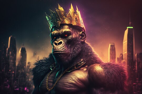 Portrait Gorilla king wears a gold crown  ,new you york city on the background ,cyberpunk colored light around ,Generative AI
