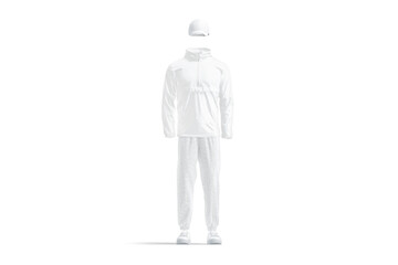 Blank white windbreaker, baseball cap, sweatpants and sneakers mockup, isolated