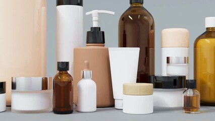 Group of different cosmetic bottles and jars 3D render - Powered by Adobe