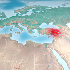 Naklejka na ściany i meble Earthquake map in Turkey and Syria, shake, elements of this image are furnished by NASA. Land struck by a strong earthquake magnitude. 7.8-Magnitude Earthquake Strikes Turkey, 3d rendering