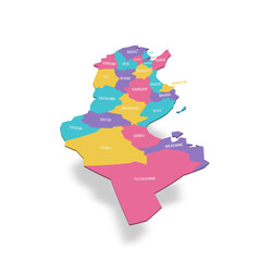 Tunisia political map of administrative divisions - governorates. 3D colorful vector map with name labels.