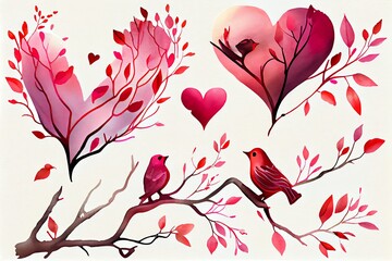 Hearts on Branch in Pink and Red, Watercolor Element Clip Art for Valentines Day and Wedding Graphic Designs. Generative AI