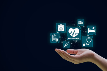  Close up hand with healthcare medical icon.Health insurance concept.Copy space.