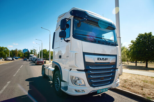 Minsk, Belarus. Sep 2022. DAF XF FT 480 SSC EURO 6 semi truck at the roadside in the city. FH truck tractor, heavy load truck and commercial vehicle. Long haul vehicle.