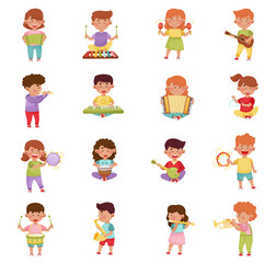 Happy Musical Children Character Playing Different Instruments Big Vector Set
