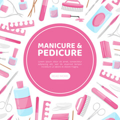 Manicure and Pedicure Banner Design with Nail Equipment Vector Template