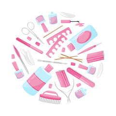 Manicure and Pedicure Round Composition Design with Nail Equipment Vector Template