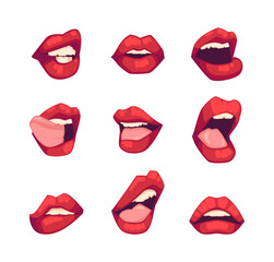 Female Mouths with Bright Red Lipstick Set. Woman Lips Pensive, Surprised, Sad Expressions Icons Set Vector Illustration
