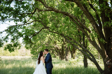 the groom and the bride are walking in the forest