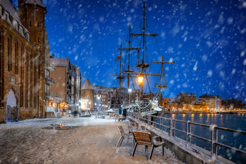 Beautiful main city in Gdansk at snowy winter, Poland