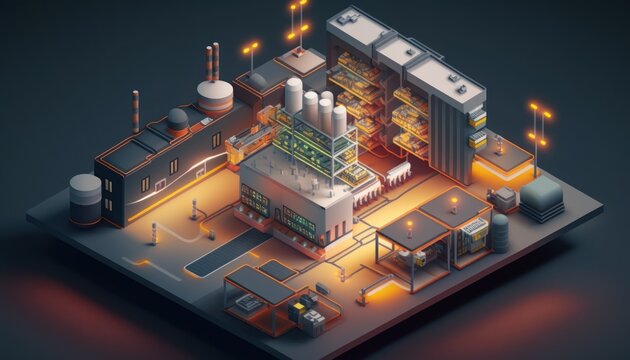 Technology In The Manufacturing Industry Optimization Of Maintenance Facilities. Modern Isometric Smart Factory Manufacturing Facilities.