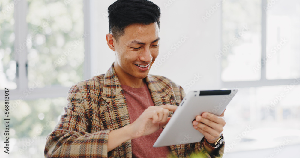Poster tablet, research and creative with an asian man designer thinking about an idea while working on a d