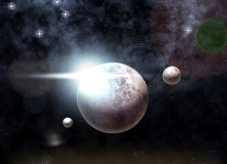 Bright planet with two moons in space, lensflare