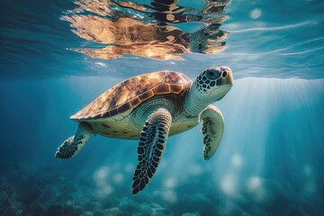 Underwater Wonder: A Turtle Swimming in the Clear Blue Caribbean created with Generative AI technology