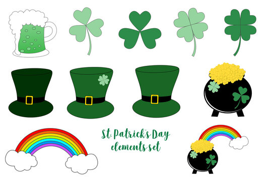 Happy St.Patrick's Day elements set with green irish beer, clover, shamrock, green ale, gold coins pot, and rainbow on white background.