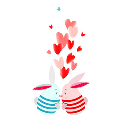 Kissing cute bunnies and pink, red hearts. Clipart.