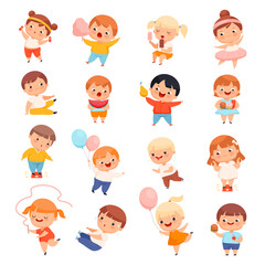 Little Boy and Girl with Overweight and Body Fat Eating and Engaged in Sportive Activity Big Vector Set