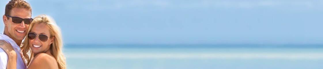 Attractive Man and Woman Couple Smiling on Beach Panorama Web Banner