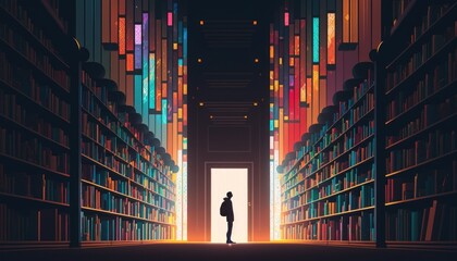 illustration of a man standing in a mysterious library.