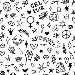 Vector seamless pattern with hand drawn elements on feminism theme: faces, raised fist, slogans, symbols, lips, hearts, branches and stars.