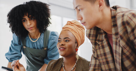 Business people, black woman and leadership with documents, folder and communication, collaboration and advice with tablet. Technology, paperwork and team with diversity in corporate office and pc.