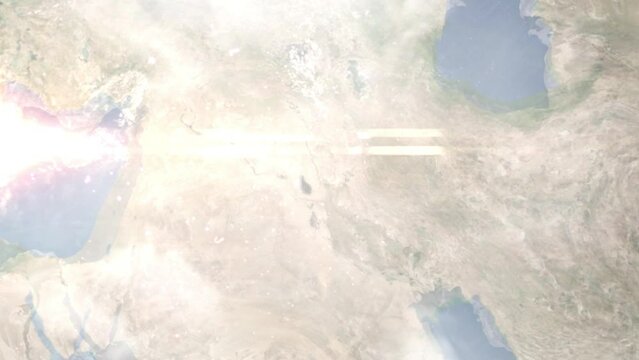 Earth zoom in from outer space to city. Zooming on Samarra, Iraq. The animation continues by zoom out through clouds and atmosphere into space. Images from NASA