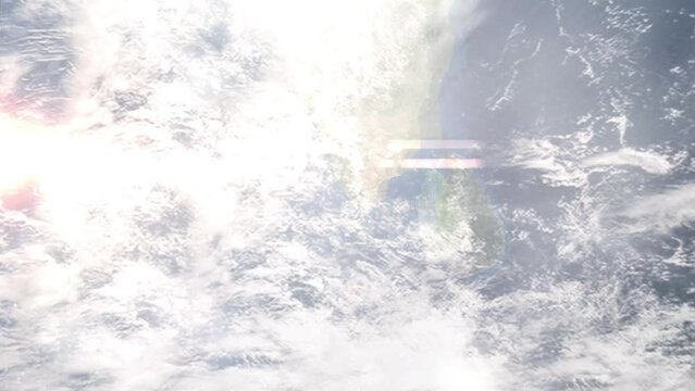 Earth zoom in from outer space to city. Zooming on Thiruvananthapuram, Kerala, India. The animation continues by zoom out through clouds and atmosphere into space. Images from NASA