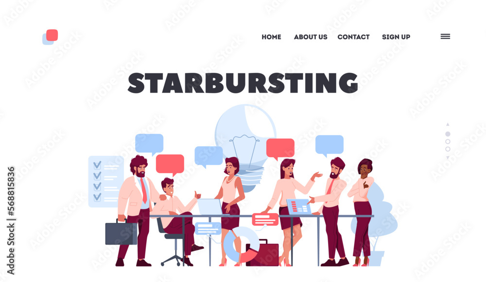 Poster starbursting landing page template. team of employees characters in office discussing work issues. b