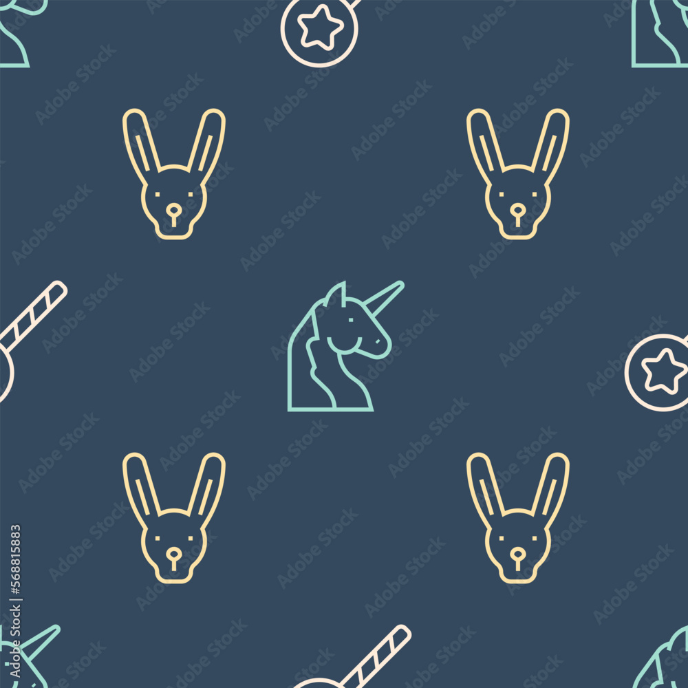 Poster set line magic wand, rabbit with ears and unicorn on seamless pattern. vector