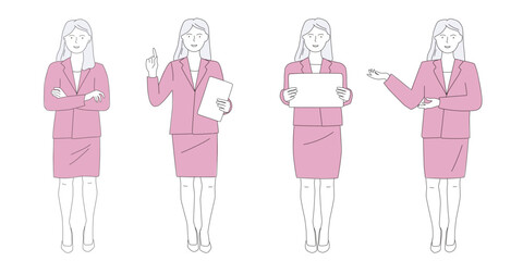 A young woman in a business suit with a tablet in different poses teaches, brings information, thinks. Vector line graphics.