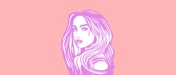 Vector mysterious beautiful young lady on a soft pink background. Gorgeous girl. The standard of beauty.
