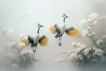 Pair of red crowned cranes on light blurred background. Generative AI.