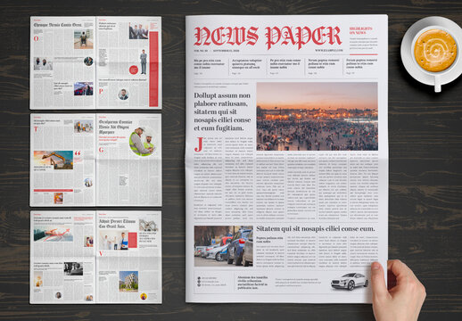 Newspaper Layout with Red Accents