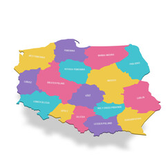 Poland political map of administrative divisions - voivodeships. 3D colorful vector map with name labels.
