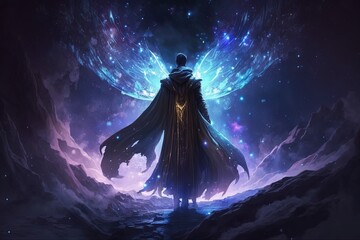fantasy fiction character design, a man wearing purple cloak with powerful energy emerge around , Generative Ai