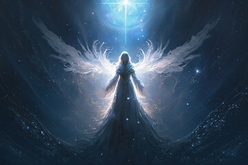 Fototapeta na wymiar beautiful angel wearing white dress with holy light surround, Generative Ai