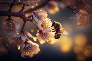 close  up honey bee is collecting nectar from cherry flower, Generative Ai