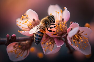 close  up honey bee is collecting nectar from cherry flower, Generative Ai