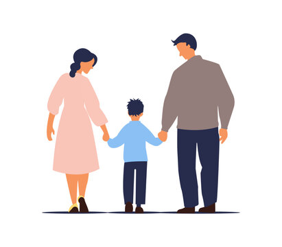 Father and mother figure holding hands with child. Mom with dad and son. Vector illustration for concepts of family.