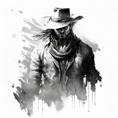 Fototapeta premium Watercolor Painting of a Cowboy - Black and White - Postproducted generative AI digital illustration