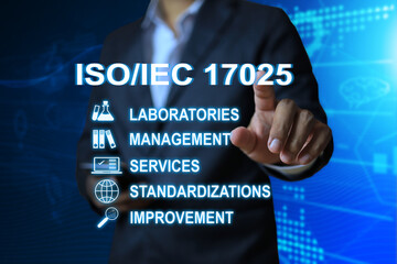 Man on a dark blue background is pointing at ISO IEC 17025 wording it's a management standard system for testing and calibration laboratories included the service and improvment guide after audit.