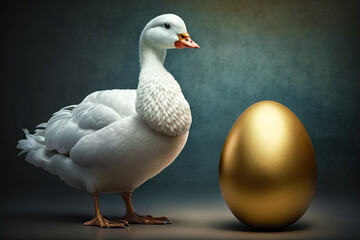 Goose standing by the golden egg. Goose and the golden egg